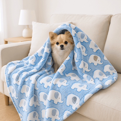 Couverture-pour-chien-anti-poils-douillette-polaire-anti-bouloche-résistante et solide-lavable en machine-disponible en 2 tailles M et L pour chiens de toute taille, disponible en 3 coloris bleu, rose et jaune avec motif mignon d'éléphant-un chien de petite taille assis sur le canapé enveloppé au chaud dans sa couverture ultra-douce et hypoallergénique de couleur bleue dans le salon de l'appartement