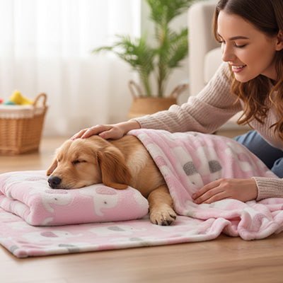 Couverture-pour-chien-anti-poils-douillette-polaire-anti-bouloche-résistante et solide-lavable en machine-disponible en 2 tailles M et L pour chiens de toute taille, disponible en 3 coloris bleu, rose et jaune avec motif mignon d'éléphant-un Golden Retriever couché enveloppé au chaud dans sa couverture ultra-douce et hypoallergénique de couleur rose avec son maitre assis à côté qui le caresse tendrement dans le salon de la maison