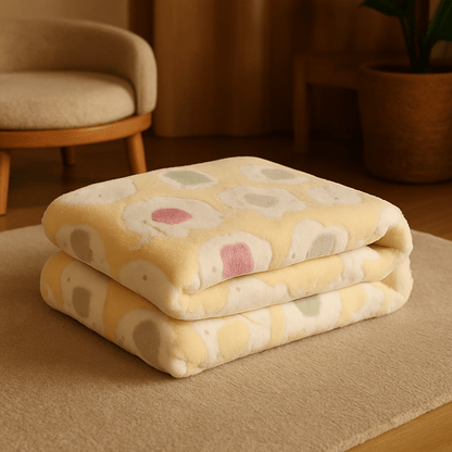 Couverture-pour-chien-anti-poils-douillette-polaire-anti-bouloche-résistante et solide-lavable en machine-disponible en 2 tailles M et L pour chiens de toute taille, disponible en 3 coloris bleu, rose et jaune avec motif mignon d'éléphant-de couleur jaune