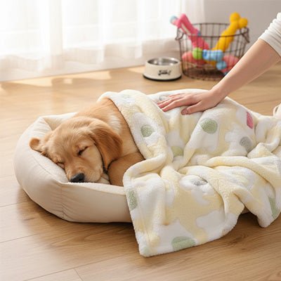 Couverture-pour-chien-anti-poils-douillette-polaire-anti-bouloche-résistante et solide-lavable en machine-disponible en 2 tailles M et L pour chiens de toute taille, disponible en 3 coloris bleu, rose et jaune avec motif mignon d'éléphant-unbébé chien qui dort paisiblement dans son lit recouvert au chaud dans sa couverture ultra-douce et hypoallergénique de couleur jaune dans le salon de la maison
