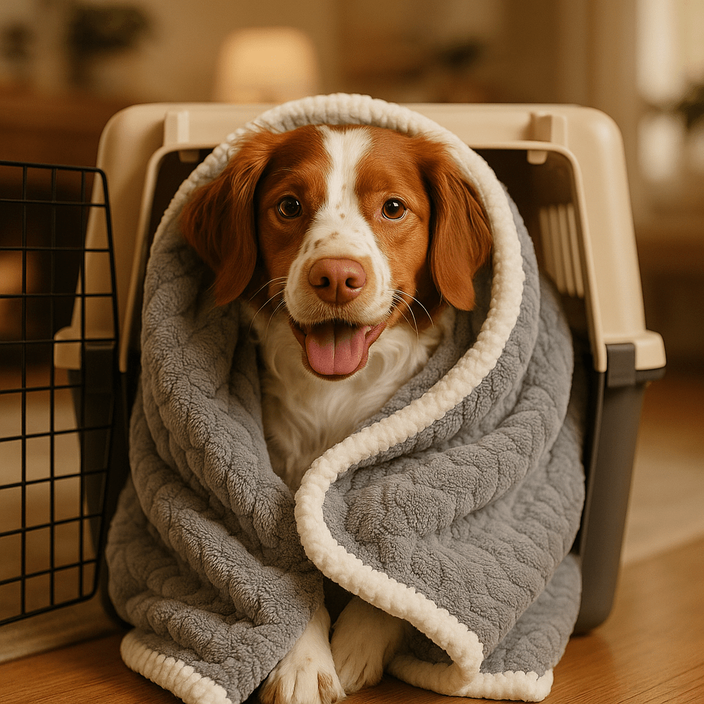 Couverture-pour-chien-impermeable-anti-poils-design brodé, coutures soignée avec bordures solides-résistante aux griffes et morsure-en coton-double face été et polaire en hiver, polyvalente, transportable et légère-lavable en machine-un chien moyen enveloppé dans sa couverture grise dans sa cage de transport d