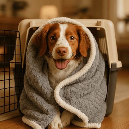 Couverture-pour-chien-impermeable-anti-poils-design brodé, coutures soignée avec bordures solides-résistante aux griffes et morsure-en coton-double face été et polaire en hiver, polyvalente, transportable et légère-lavable en machine-un chien moyen enveloppé dans sa couverture grise dans sa cage de transport d