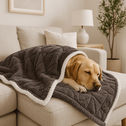 Couverture-pour-chien-imperméable-anti-poils-design brodé, coutures soignée avec bordures solides-résistante aux griffes et morsure-en coton-double face été et polaire en hiver, polyvalente, transportable et légère-lavable en machine-un chien de grande taille qui dort profondément enveloppé dans sa couverture couleur café sur le canapé du salon