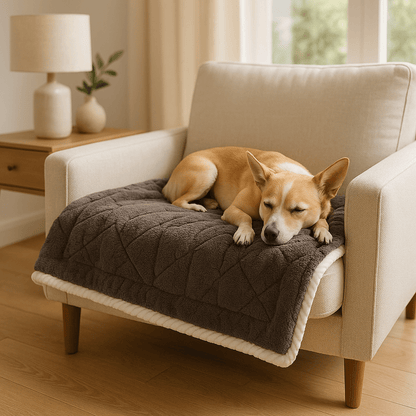 Couverture-pour-chien-impermeable-anti-poils-design brodé, coutures soignée avec bordures solides-résistante aux griffes et morsure-en coton-double face été et polaire en hiver, polyvalente, transportable et légère-lavable en machine-un chien de petite taille qui dort profondément enveloppé dans sa couverture marron sur le fauteuil  de l'appartement