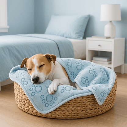 Couverture-pour-chien-lavable-design-pattes de chien en flanelle douce et résistante, ultradouce et chaude, double face pour chien de toute taille et races, lavable en machine et passe au sèche linge, solide et durable pour maison, transport, cage, panier, lit, coussin-un chien de petite taille qui dort paisiblement enveloppé dans sa couverture bleue dans son panier en rotin dans la chambre de l'appartement