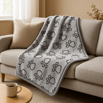 Couverture-pour-chien-lavable-design-pattes de chien en flanelle douce et résistante, ultradouce et chaude, double face pour chien de toute taille et races, lavable en machine et passe au sèche linge, solide et durable pour maison, transport, cage, panier, lit, coussin-de couleurs gris en taille M et L