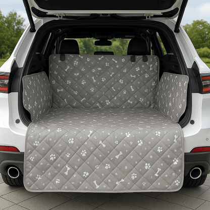 Couverture-pour-chien-pour-voiture-universelle-avec-sangle appuie tête avec protections latérales pour le coffre de la voiture-lavable en machine, 100% imperméable, résistant aux griffes et morsures, épais et rembourré confortable et anti-poils et saletés-une housse de protection pour le coffre et sièges arières de couleur gris 