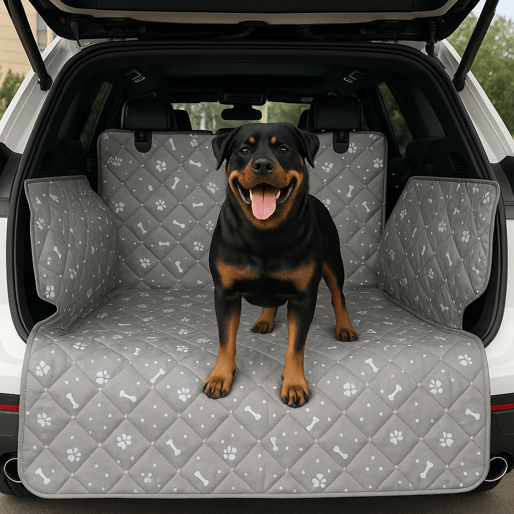 Couverture-pour-chien-pour-voiture-universelle-avec-sangle appuie tête avec protections latérales pour le coffre de la voiture-lavable en machine, 100% imperméable, résistant aux griffes et morsures, épais et rembourré confortable et anti-poils et saletés-un grand chien assis confortablement sur la housse protectrice dans le coffre ouvert de la voiture 