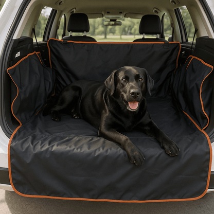 Couverture-pour-chien-pour-voiture-protège coffre-avec-sangle universelle, imperméable et résistant et adaptable, coutures solides, pliable et lavable-un grand chien couché confortablement sur la protection dans le coffre de la voiture type SUV