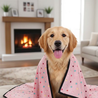 Couverture-pour-chien-chaude-lot de 2 couvertures polaire ultra-douce en coton, 2 tailles : M et L pour toute taille de chien-solide et résistante, polyvalente et lavable en machine-un grand chien au chaud sous sa grande couverture rose dans le salon de l'appartement