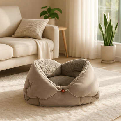Couverture-pour-chien-3-en-1-coton et velours pour petit chien et chiot lavable en machine à laver, transformable en panier avec rebord surélevé ou tapis réversible double-face ou entourante avec attache sur le coté pour pas glissser et entourer les chiens de petites races sensibles au froid-intérieur en peluche douce et chaude, extérieur respirant velours ultra doux et hypoallergénique-de couleur gris pour chien de 0 à 5 kg