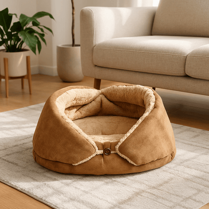 Couverture-pour-chien-3-en-1-coton et velours pour petit chien et chiot lavable en machine à laver, transformable en panier avec rebord surélevé ou tapis réversible double-face ou entourante avec attache sur le coté pour pas glissser et entourer les chiens de petites races sensibles au froid-intérieur en peluche douce et chaude, extérieur respirant velours ultra doux et hypoallergénique-de couelur camel et beige pour chien de 0 à 5 kg