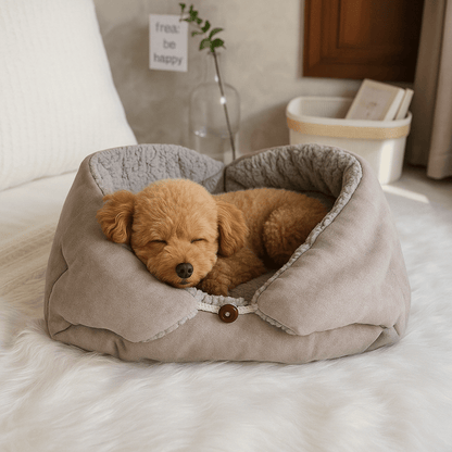 Couverture-pour-chien-3-en-1-coton et velours pour petit chien et chiot lavable en machine à laver, transformable en panier avec rebord surélevé ou tapis réversible double-face ou entourante avec attache sur le coté pour pas glissser et entourer les chiens de petites races sensibles au froid-intérieur en peluche douce et chaude, extérieur respirant velours ultra doux et hypoallergénique-un chien de race petite qui dort paisiblement dans sa couverture en version panier niche sur le lit de son maitre