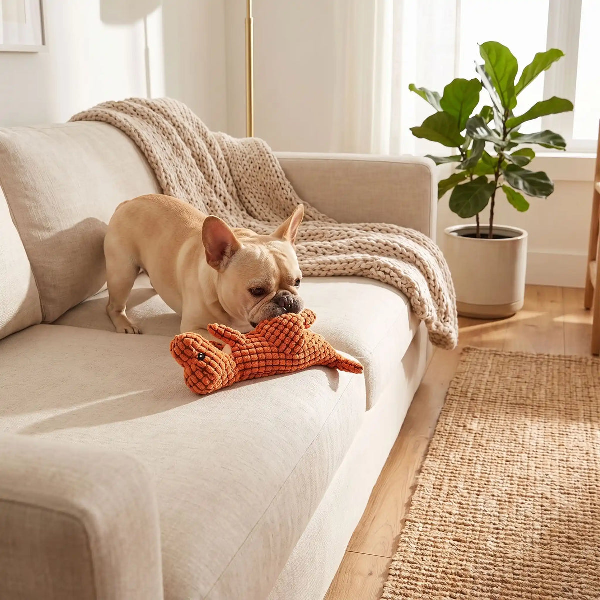 Doudou-pour-chien-chiot anti-anxiété, peluche interactive qui couine, 100% coton, coutures solides, tissu texturé qui masse les gencives et résiste aux morsures, lavable en machine, disponible en 3 coloris vert clair, marron et orange avec design mignon de dinosaure, idél pour chiot et chien de petite à moyenne taille-un chien de taille moyenne qui mord et secoue sa peluche dinosaure orange pour un jeu interactif et apaisant sur le canapé du salon de l'appartement