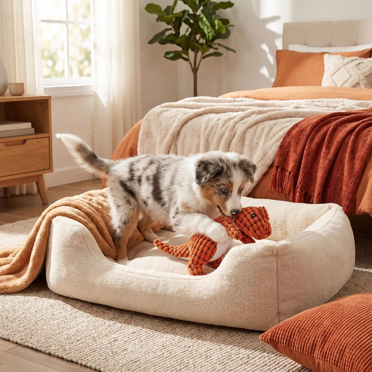 Doudou-pour-chien-chiot anti-anxiété, peluche interactive qui couine, 100% coton, coutures solides, tissu texturé qui masse les gencives et résiste aux morsures, lavable en machine, disponible en 3 coloris vert clair, marron et orange avec design mignon de dinosaure, idél pour chiot et chien de petite à moyenne taille-un chiot de race moyenne qui mord et lèche sa peluche dinosaure orange pour un jeu interactif et apaisant dans son panier douillet au pied du lit de ses maitres dans la chambre de la maison