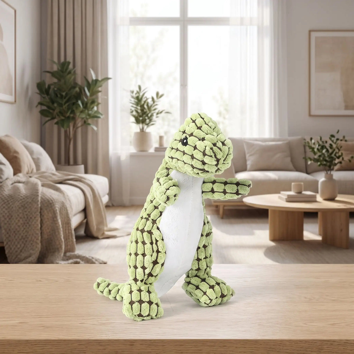 Doudou-pour-chien-chiot anti-anxiété, peluche interactive qui couine, 100% coton, coutures solides, tissu texturé qui masse les gencives et résiste aux morsures, lavable en machine, disponible en 3 coloris vert clair, marron et orange avec design mignon de dinosaure, idél pour chiot et chien de petite à moyenne taille-gros plan sur la peluche douce et solide en forme de dinosaure vert clair pour un jeu interactif et apaisant pour chiot et chien