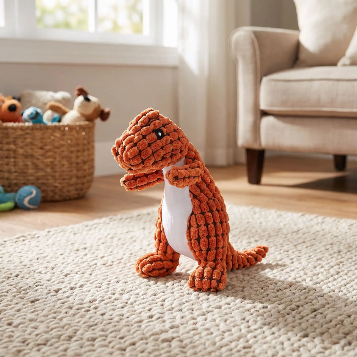 Doudou-pour-chien-chiot anti-anxiété, peluche interactive qui couine, 100% coton, coutures solides, tissu texturé qui masse les gencives et résiste aux morsures, lavable en machine, disponible en 3 coloris vert clair, marron et orange avec design mignon de dinosaure, idél pour chiot et chien de petite à moyenne taille-gros plan sur la peluche douce et solide en forme de dinosaure orange pour un jeu interactif et apaisant pour chiot et chien