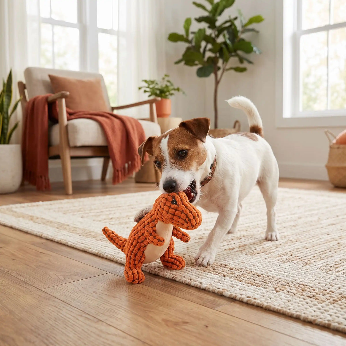 Doudou-pour-chien-chiot anti-anxiété, peluche interactive qui couine, 100% coton, coutures solides, tissu texturé qui masse les gencives et résiste aux morsures, lavable en machine, disponible en 3 coloris vert clair, marron et orange avec design mignon de dinosaure, idél pour chiot et chien de petite à moyenne taille-un chien de petite race très active qui mord et secoue sa peluche dinosaure orange pour un jeu interactif et apaisant dans le salon de l'appartement