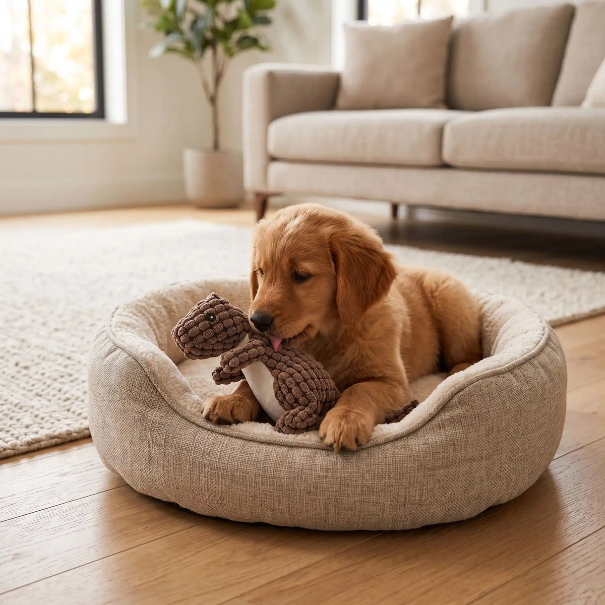 Doudou-pour-chien-chiot anti-anxiété, peluche interactive qui couine, 100% coton, coutures solides, tissu texturé qui masse les gencives et résiste aux morsures, lavable en machine, disponible en 3 coloris vert clair, marron et orange avec design mignon de dinosaure, idél pour chiot et chien de petite à moyenne taille-un chiot de race moyenne qui lèche délicatement sa peluche dinosaure marron pour un moment apaisant et câlin, couché dans son panier sur le sol du salon de l'appartement