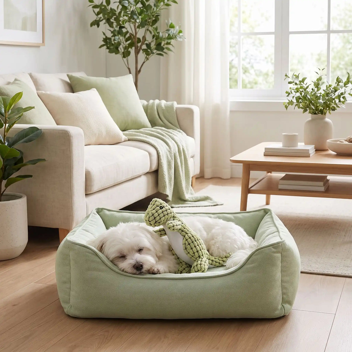 Doudou-pour-chien-chiot anti-anxiété, peluche interactive qui couine, 100% coton, coutures solides, tissu texturé qui masse les gencives et résiste aux morsures, lavable en machine, disponible en 3 coloris vert clair, marron et orange avec design mignon de dinosaure, idél pour chiot et chien de petite à moyenne taille-un chien de petite taille qui dort paisiblement et conofrtablement avec sa peluche dinosaure vert clair dans son panier dans le salon de l'appartement