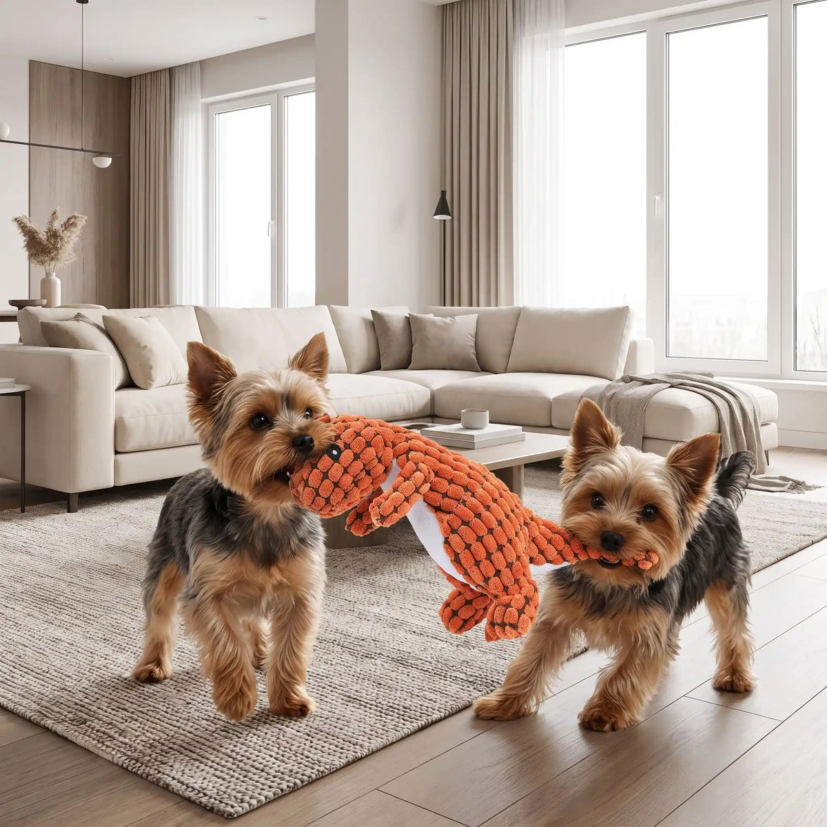 Doudou-pour-chien-chiot anti-anxiété, peluche interactive qui couine, 100% coton, coutures solides, tissu texturé qui masse les gencives et résiste aux morsures, lavable en machine, disponible en 3 coloris vert clair, marron et orange avec design mignon de dinosaure, idél pour chiot et chien de petite à moyenne taille-deux petits chiens tirent et secouent la peluche dinosaure orange pour un jeu interactif de tire à la corde dans le salon de l'appartement
