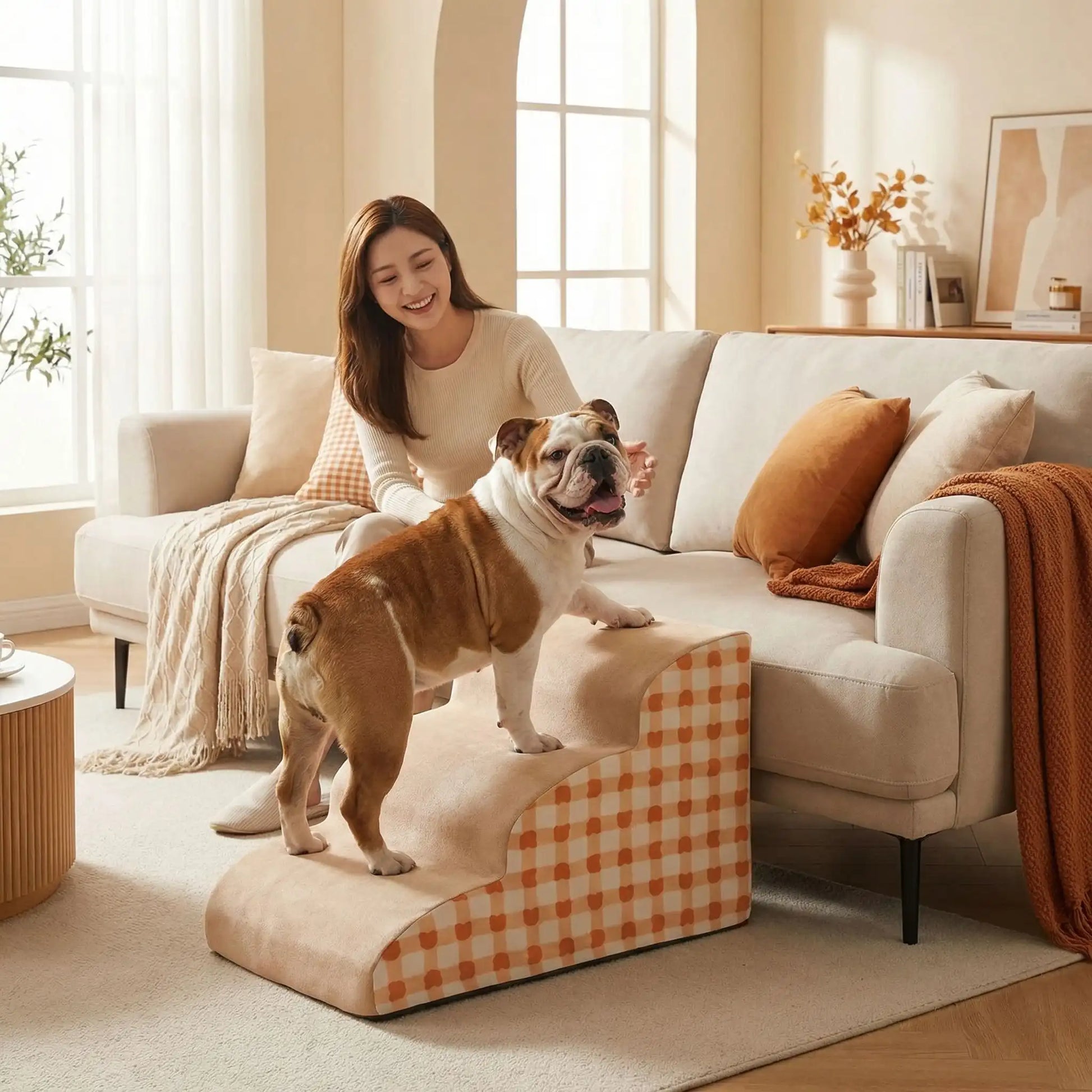Escalier-mousse-pour_chien-chiot-antidérapant, déhoussable lavable en machine avec mousse haute résilience à mémoire de forme pour protèger les articulations sensibles, sécurisé , confortable, résistant aux griffes pour petit et chien de moyenne taille-design velours sur le dessus ultra-doux et tissu en coton solide avec motif orange à carreaux style vichy-un Bouledogue qui monte confortablement sur l'escalier de 3 marches en mousse pour rejoindre sa maitresse sur le canapé du salon en toute sécurité 