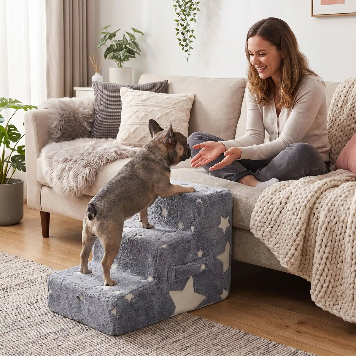 Escalier-mousse-pour-chien, chiot antidérapant, déhoussable lavable en machine avec mousse haute résilience à mémoire de forme pour protèger les articulations sensibles, sécurisé , confortable, résistant aux griffes pour petit et chien de moyenne taille-housse en velours ultra-douce avec motif étoiles phosphorescent pour la nuit -un bchien moyen qui monte sur l'escalier de 3 hautes marches en mousse pour rejoindre en toute sécurité sa maitresse assise sur le canapé qui lui tend les bras en l'encourageant