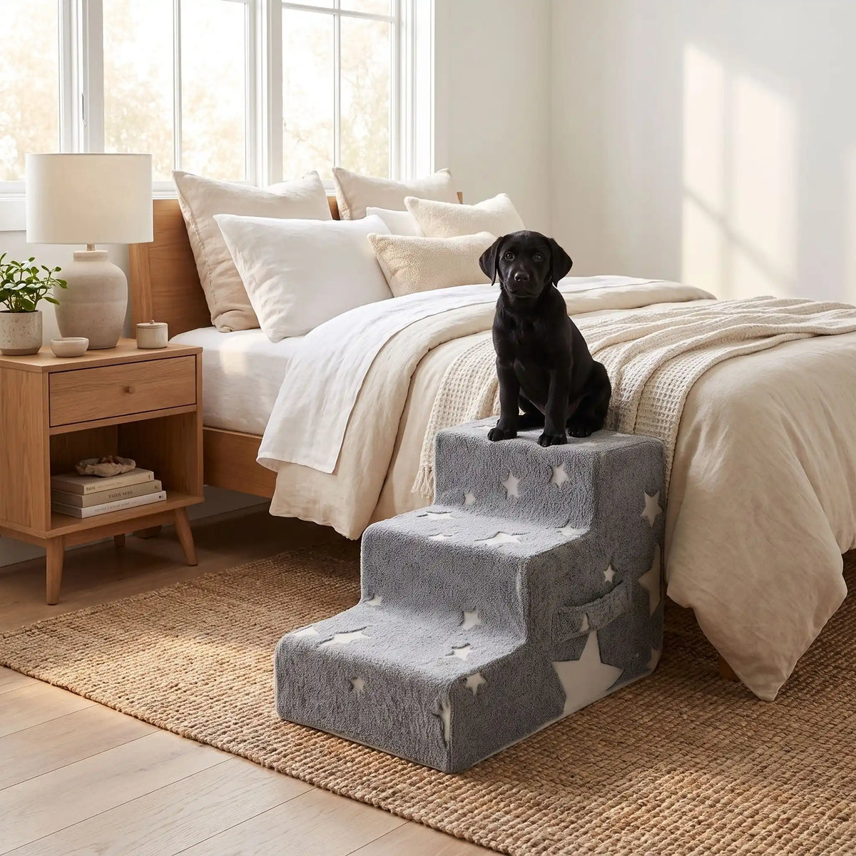 Escalier-mousse-pour-chien, chiot antidérapant, déhoussable lavable en machine avec mousse haute résilience à mémoire de forme pour protèger les articulations sensibles, sécurisé , confortable, résistant aux griffes pour petit et chien de moyenne taille-housse en velours ultra-douce avec motif étoiles phosphorescent pour la nuit -un chiot assis sur la dernière marche de l'escalier de 3 hautes marches en mousse installé contre le lit de ses maitres pour une montée et descente en toute autonomie