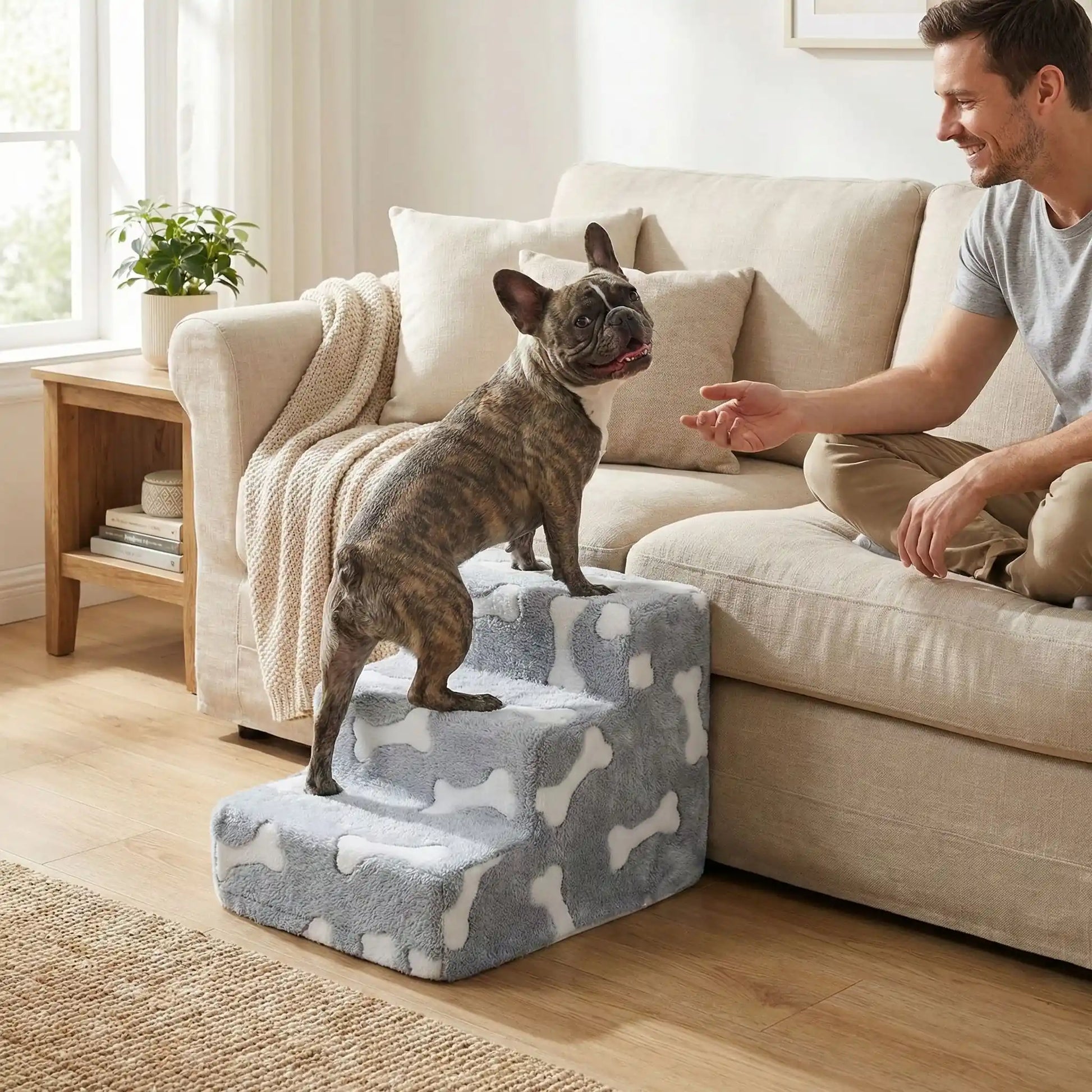 Escalier-mousse-pour-chien et chiot antidérapant, déhoussable lavable en machine avec mousse haute résilience à mémoire de forme pour protèger les articulations sensibles, sécurisé , confortable, résistant aux griffes pour petit et chien de moyenne taille-design peluche sur le dessus ultra-douce et tissu en coton solide-un Bouledogue français qui monte sur l'escalier de 3 marches en mousse pour rejoindre en toute sécurité son maitre souriant qui l'encourage à venir se coucher à côté de lui sur le canapé 