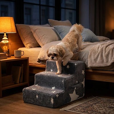 Escalier-mousse-pour-chien, chiot antidérapant, déhoussable lavable en machine avec mousse haute résilience à mémoire de forme pour protèger les articulations sensibles, sécurisé , confortable, résistant aux griffes pour petit et chien de moyenne taille-housse en velours ultra-douce avec motif étoiles phosphorescent pour la nuit -un  chien de petite race à pattes courtes qui descend du lit de son maitre par l'escalier de 3 marches en mousse pour rejoindre en toute sécurité le sol de la chambre