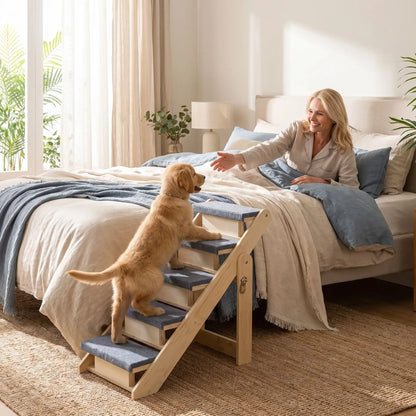 Escalier-pliable-pour-chien-chiot en bois de pin et tissu polyester doux et antidérapant résistant aux griffes-escabeau pour chien de 5 marches en pente douce de 12 cm de hateur, en bois naturel design pour chiot et chien de petite à moyenne race, pliable, compact et léger de 6,1 kg facilement transportable, compact pour un rangement facile-un chiot de grande taille qui monte sur l'escalier pour rejoindre sa maitresse qui l'appelle allongée dans son lit pour un cododo dans la chambre de la maison
