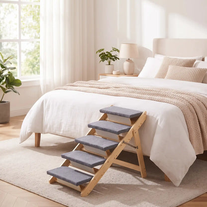 Escalier-pliable-pour-chien-chiot en bois de pin et tissu polyester doux et antidérapant résistant aux griffes-escabeau pour chien de 5 marches en pente douce de 12 cm de hateur, en bois naturel design pour chiot et chien de petite à moyenne race, pliable, compact et léger de 6,1 kg facilement transportable, compact pour un rangement facile-gros plan sur l'escalier pliable en bois de pin installé contre le lit adulte de 2 places pour un accès facile et des cododos avec le chien, dans la chambre de la maison