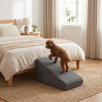 Escalier-pour-chien-2-en-1- transformable en rampe douce-en-mousse- tissu antidérapant, déhoussable et lavable en machine, éponge coton haute densité et élasticité qui absorbe les chocs, protège les articulations et la colonne vertébrale, léger et transportable, adapté au chiot et chien de race petite à moyenne, disponible en 3 couleurs beige, gris clair et gris foncé-un chien de race moyenne qui monte sur l'escalier en version rampe avec pente douce contre le lit de son maitre dans la chambre de la maison