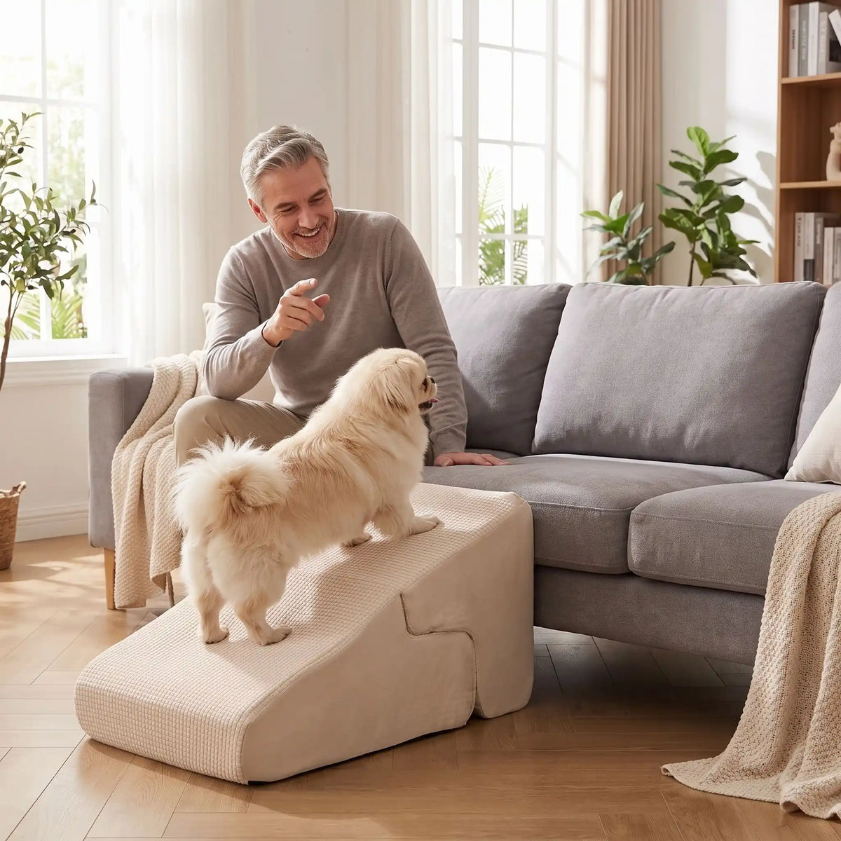 Escalier-pour-chien-2-en-1- transformable en rampe douce-en-mousse- tissu antidérapant, déhoussable et lavable en machine, éponge coton haute densité et élasticité qui absorbe les chocs, protège les articulations et la colonne vertébrale, léger et transportable, adapté au chiot et chien de race petite à moyenne, disponible en 3 couleurs beige, gris clair et gris foncé-un petit chien qui monte sur l'escalier en version rampe avec pente douce contre le canapé pour rejoindre son maitre assis qui l'appelle