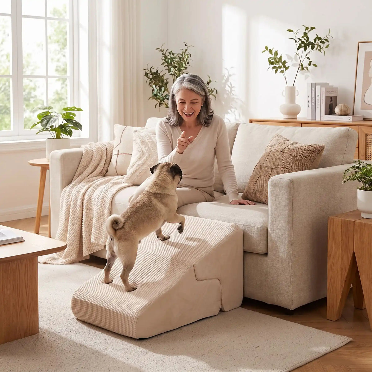 Escalier-pour-chien-2-en-1- transformable en rampe douce-en-mousse- tissu antidérapant, déhoussable et lavable en machine, éponge coton haute densité et élasticité qui absorbe les chocs, protège les articulations et la colonne vertébrale, léger et transportable, adapté au chiot et chien de race petite à moyenne, disponible en 3 couleurs beige, gris clair et gris foncé-un chien de race moyenne qui monte sur l'escalier en version rampe avec pente douce contre le canapé où sa maitresse l'encourage 