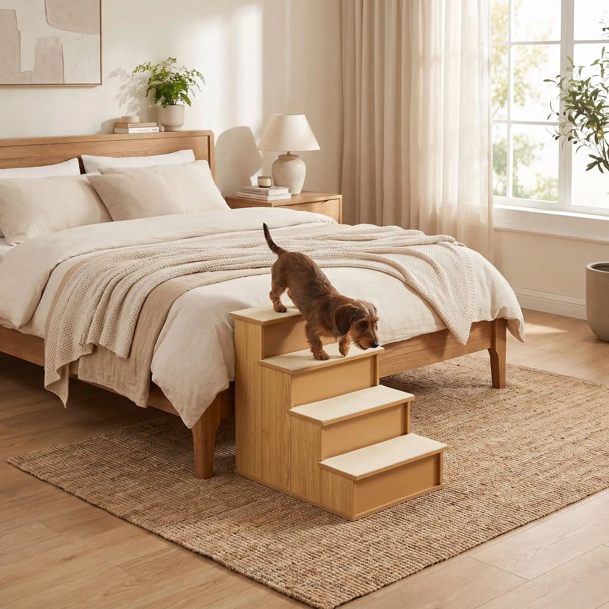 Escalier-pour-chien-bois MDF robuste et naturel  de 4 marches avec moquette en peluche antidérapante et doux sur chaque marches amovible et lavable, idéal pour chiot et chien de petite à moyenne race jusqu'à 25 kilos, pour favoriser l'autonomie des chien agés, race à pattes courtes, chiot en croissance ou chien convalescent-escalier écoresponsable fixe de 8 kg-un teckel qui descend du lit de sa maitres grâce à l'escalier en bois MDF robuste pour chiot et chien dans la chambre de l'appartement