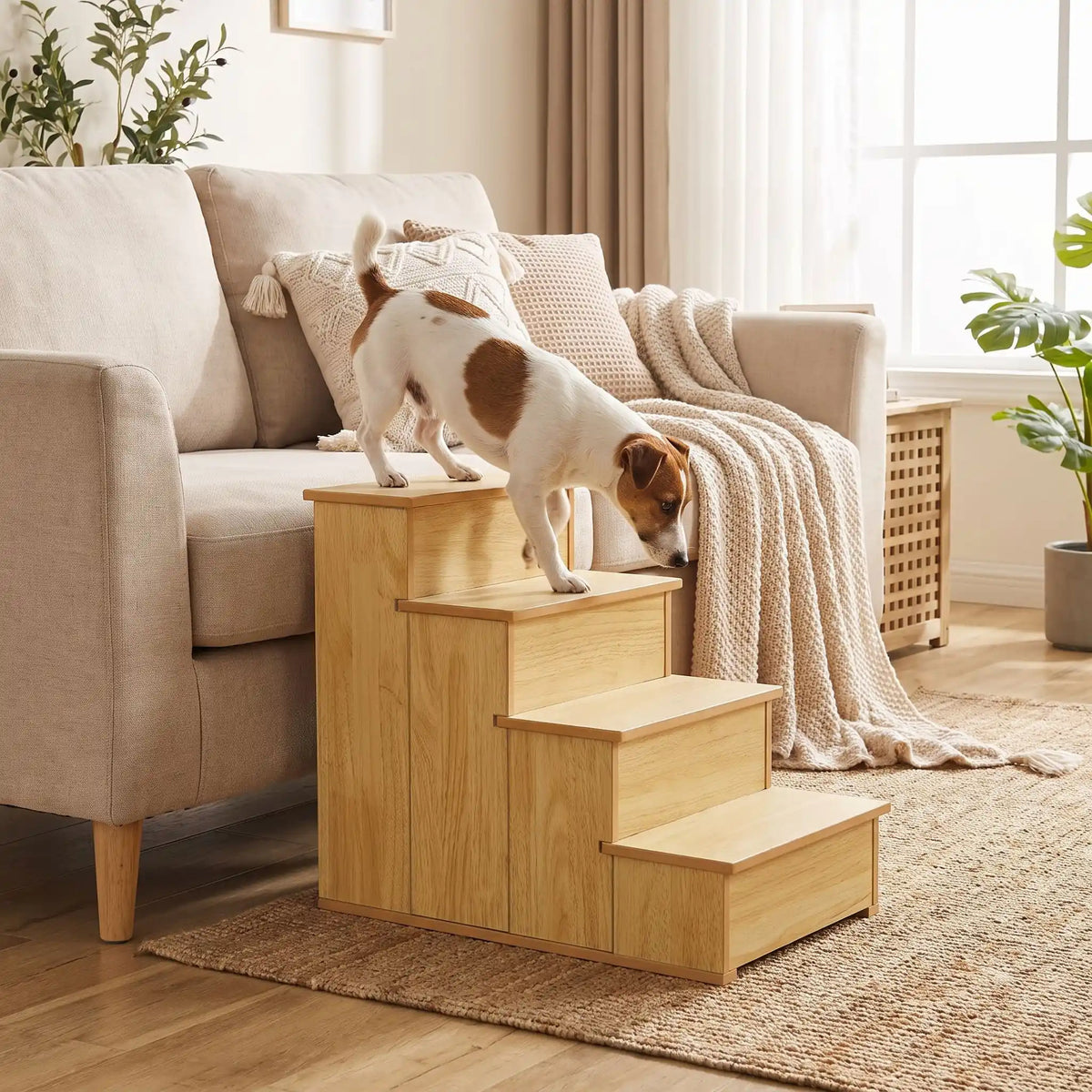Escalier-pour-chien-bois MDF robuste et naturel  de 4 marches avec moquette en peluche antidérapante et doux sur chaque marches amovible et lavable, idéal pour chiot et chien de petite à moyenne race jusqu'à 25 kilos, pour favoriser l'autonomie des chien agés, race à pattes courtes, chiot en croissance ou chien convalescent-escalier écoresponsable fixe de 8 kg- un chien de petite race qui descend du canapé du salon grâce à l'escalier en bois MDF robuste avec moquette en peluche douce pour ses coussinets 