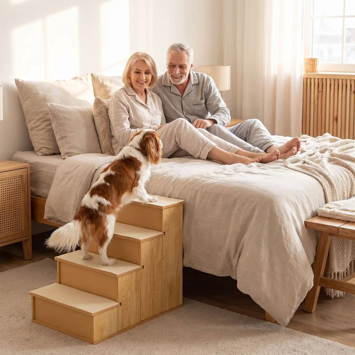 Escalier-pour-chien-bois MDF robuste et naturel  de 4 marches avec moquette en peluche antidérapante et doux sur chaque marches amovible et lavable, idéal pour chiot et chien de petite à moyenne race jusqu'à 25 kilos, pour favoriser l'autonomie des chien agés, race à pattes courtes, chiot en croissance ou chien convalescent-escalier ecoresponsable fixe de 8 kg- un chien de taille moyenne qui monte facilement sur l'escalier en bois MDF robuste pour rejoindre ses maitres pour un cododo dans leur lit 