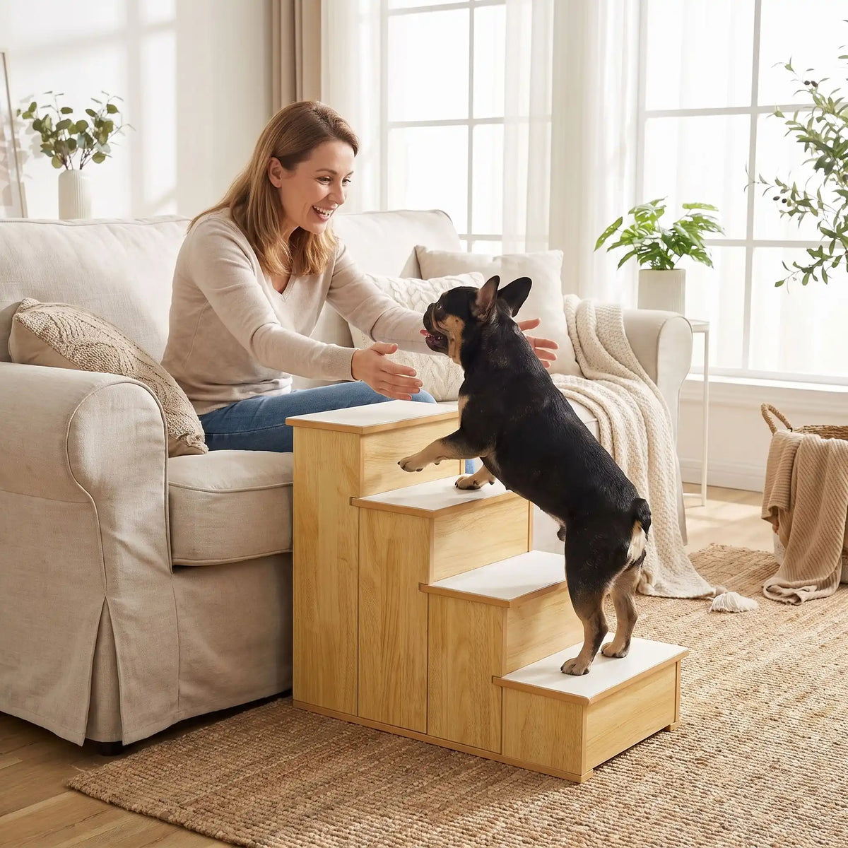 Escalier-pour-chien-bois MDF robuste et naturel  de 4 marches avec moquette en peluche antidérapante et doux sur chaque marches amovible et lavable, idéal pour chiot et chien de petite à moyenne race jusqu'à 25 kilos, pour favoriser l'autonomie des chien agés, race à pattes courtes, chiot en croissance ou chien convalescent-escalier écoresponsable fixe de 8 kg- un chien moyen de race à pattes courtes qui monte sur l'escalier en bois MDF robuste pour rejoindre sa maitresse qui l'appelle assise sur le canapé 