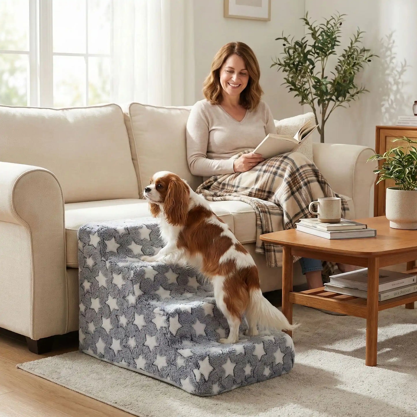 Escalier pour chien et chiot antidérapant, déhoussable lavable en machine avec mousse haute résilience à mémoire de forme pour protèger les articulations sensibles, sécurisé , confortable, résistant aux griffes pour petit et chien de moyenne taille-design velours sur le dessus ultra-doux et tissu en coton solide avec design étoiles-un Cavalier king charles qui monte confortablement sur  l'escalier de 4 marches en mousse pour rejoindre en toute sécurité le canapé et se coucher auprès de sa maitresse assise 