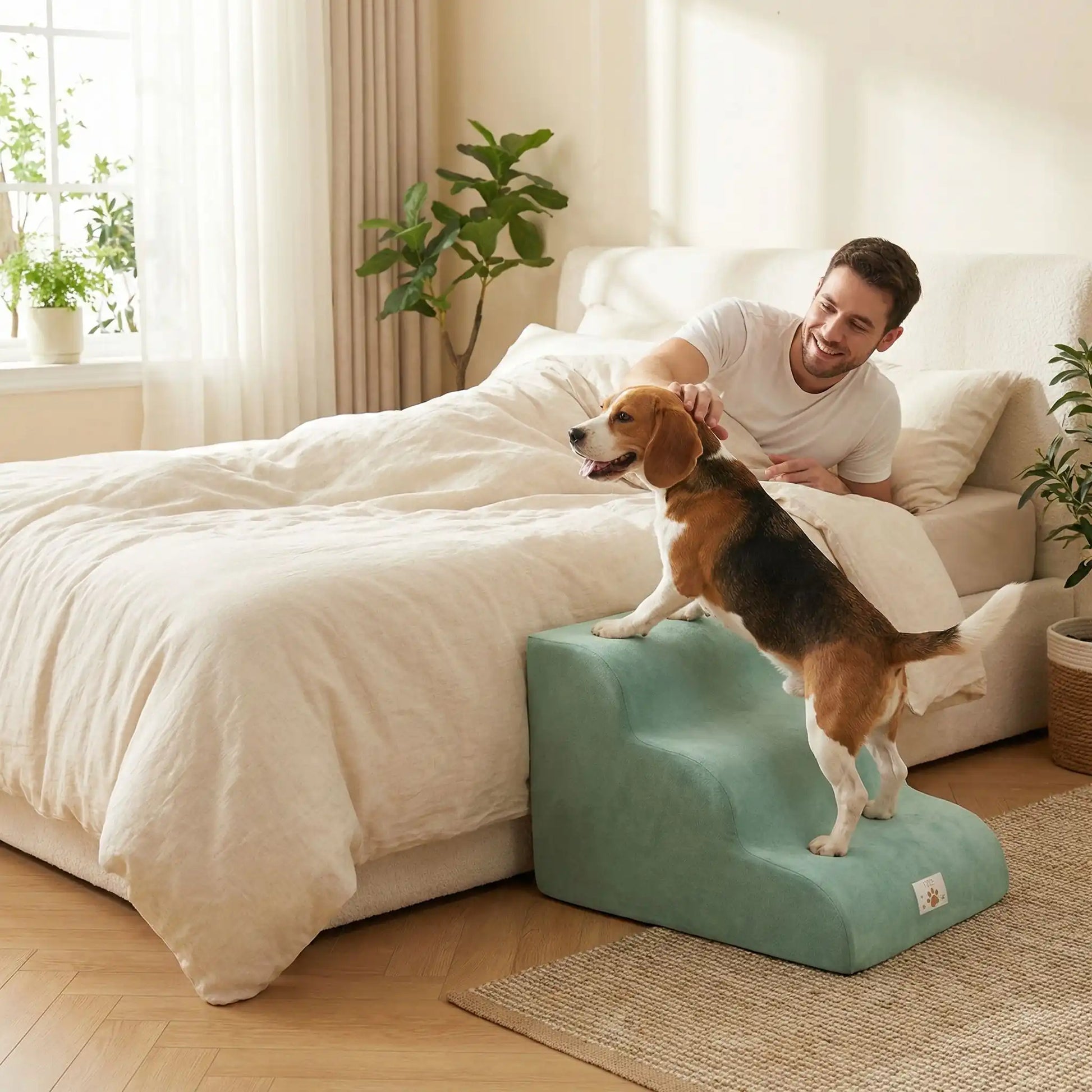 Escalier pour chien chiot antidérapant, déhoussable lavable en machine avec mousse haute résilience à mémoire de forme pour protèger les articulations sensibles, sécurisé , confortable, résistant aux griffes pour petit et chien de moyenne taille-design velours sur le dessus ultra-doux et tissu en coton solide-un Beagle qui rejoint son maitre qui le caresse allongé sur le lit , en montant confortablement sur l'escalier en mousse en toute sécurité