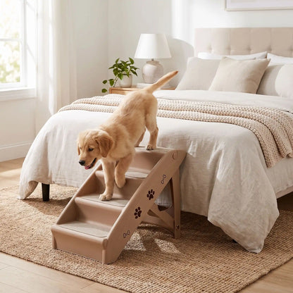 Escalier-pour-chien-pliable-chiot-avec-design-pattes-os-de-chien de 4 marches en Polypropylène (PP) robuste,se plie avec un bouton de sécurité, conception stable en triangle avec pieds antidérapant marches larges avec tissu antidérapant et garde-corps de sécurité pour chien et chien de petite à moyenne race-un chiot de race moyenne qui descend du lit de ses maitres en tout sécurité sur l'escalier de couleur marron et design mignon d'os et de pattes sur les cotés dans la chambre de la maison