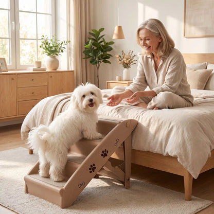 Escalier-pour-chien-pliable-chiot-avec-design-pattes-os-de-chien de 4 marches en Polypropylène (PP) robuste,se plie avec un bouton de sécurité, conception stable en triangle avec pieds antidérapant marches larges avec tissu antidérapant et garde-corps de sécurité pour chien et chien de petite à moyenne race-un chien de petite taille qui monte en tout sécurité sur l'escalier de couleur marron et design mignon d'os et de pattes sur les cotés encourager par sa maitresse assise sur son lit dans la chambre 