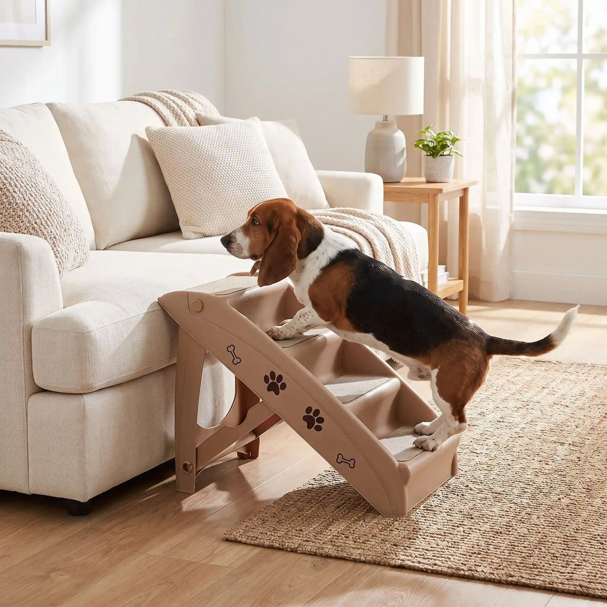 Escalier-pour-chien-pliable-chiot-avec-design-pattes-os-de-chien de 4 marches en Polypropylène (PP) robuste, pliage avec un bouton instantané, conception stable en triangle avec pieds antidérapant marches larges avec tissu antidérapant et garde-corps de sécurité pour chien et chien de petite à moyenne race-un chiot de race moyenne à pattes courtes qui monte en tout sécurité sur l'escalier de couleur marron et design mignon d'os et de pattes sur les cotés pour aller sur le canapé du salon de la maison