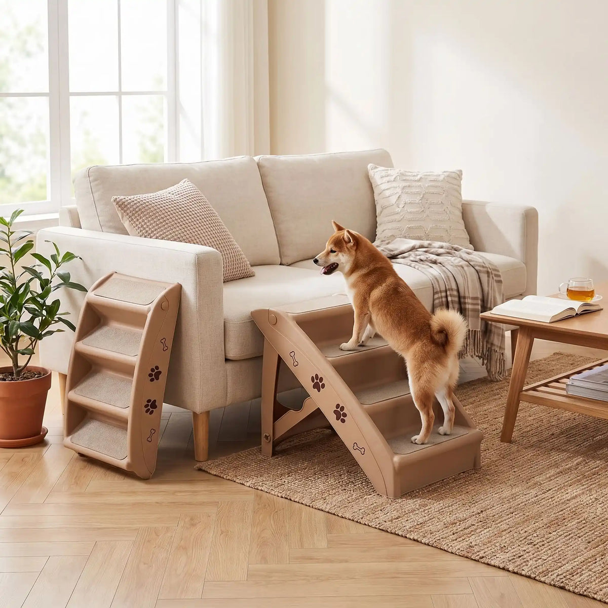 Escalier-pour-chien-pliable-chiot-avec-design-pattes-os-de-chien de 4 marches en Polypropylène (PP) robuste,se plie avec un bouton de sécurité, conception stable en triangle avec pieds antidérapant marches larges avec tissu antidérapant et garde-corps de sécurité pour chien et chien de petite à moyenne race-un chien de moyenne taille qui monte en tout sécurité sur l'escalier de couleur marron et design mignon d'os et de pattes sur les cotés pour aller sur le canapé du salon de l'appartement