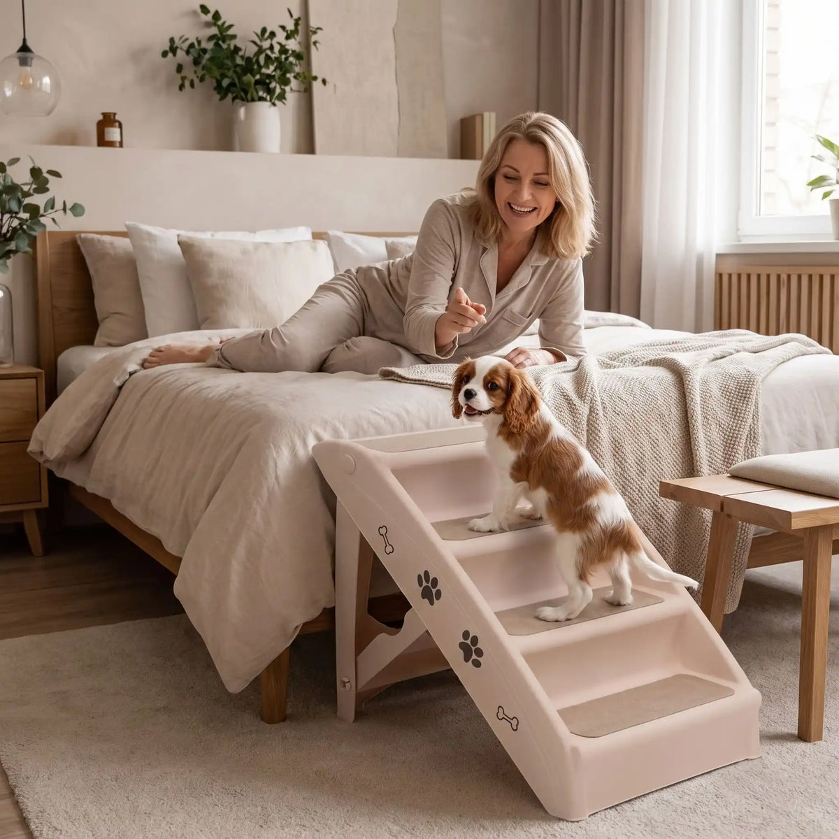Escalier-pour-chien-pliable-chiot-avec-design-pattes-os-de-chien de 4 marches en Polypropylène (PP) robuste,se plie avec un bouton de sécurité, conception stable en triangle avec pieds antidérapant marches larges avec tissu antidérapant et garde-corps de sécurité pour chien et chien de petite à moyenne race-un chiot de race moyenne qui monte par l'escalier avec structure stable triangulaire avec 4 pieds antidérapants pour rejoindre sa maitresse allongée dans son lit dans la chambre de la maison