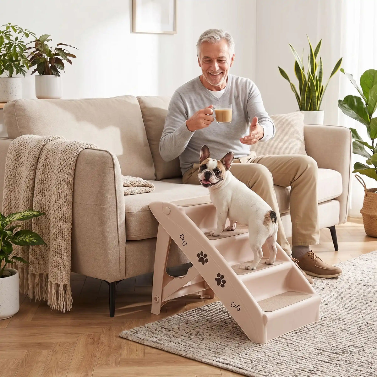 Escalier-pour-chien-pliable-chiot-avec-design-pattes-os-de-chien de 4 marches en Polypropylène (PP) robuste,se plie avec un bouton de sécurité, conception stable en triangle avec pieds antidérapant marches larges avec tissu antidérapant et garde-corps de sécurité pour chien et chien de petite à moyenne race-un chien de race moyenne qui monte sur l'escalier avec structure stable triangulaire avec 4 pieds antidérapants pour rejoindre son maitre en toute sécurité assis sur le canapé dans le salon de la maison