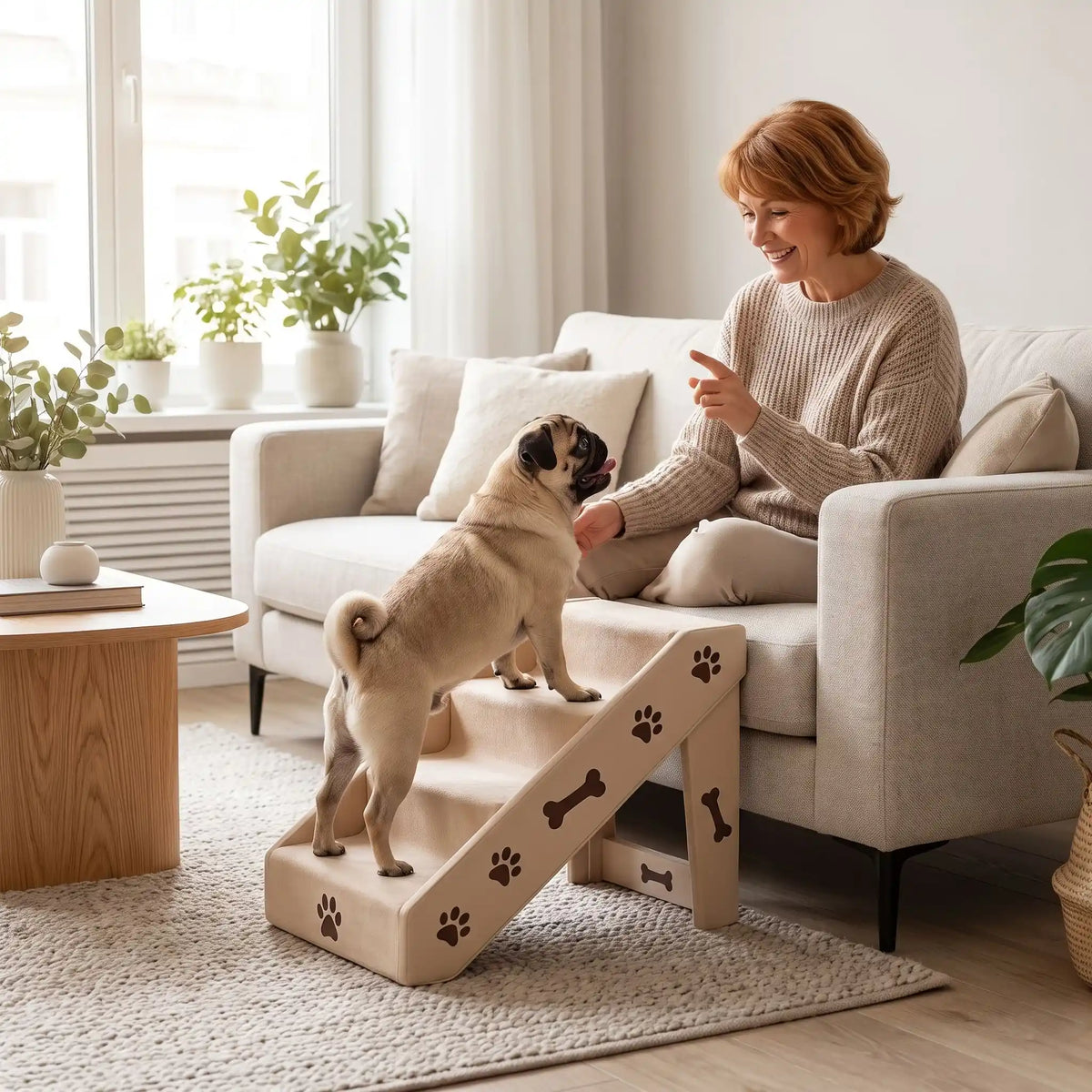 Escalier-pour-chien-pliable-chiot-avec-design-pattes-os-de-chien de 4 marches en Polypropylène (PP) robuste,se plie avec un bouton de sécurité, conception stable en triangle avec pieds antidérapant marches larges avec tissu antidérapant et garde-corps de sécurité pour chien et chien de petite à moyenne race-un chien de race moyenne qui monte sur l'escalier avec structure stable triangulaire avec 4 pieds antidérapants pour rejoindre sa maitresse assis sur le canapé qui l'appelle et l'encourage toute heureuse