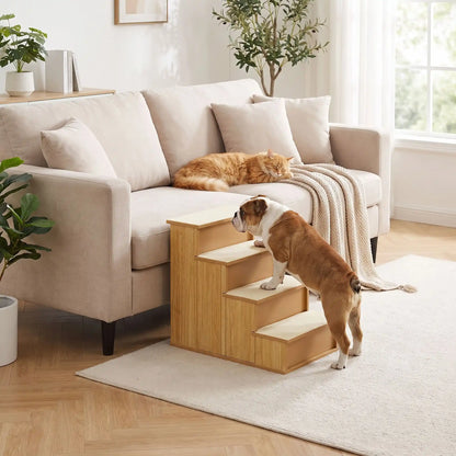 Escalier-pour-chien-bois MDF robuste et naturel  de 4 marches avec moquette en peluche antidérapante et doux sur chaque marches amovible et lavable, idéal pour chiot et chien de petite à moyenne race jusqu'à 25 kilos, pour favoriser l'autonomie des chien agés, race à pattes courtes, chiot en croissance ou chien convalescent-escalier écoresponsable fixe de 8 kg- un chien moyen de race à pattes courtes qui monte par  l'escalier en bois MDF robuste de 4 marches pour rejoindre en toute sécurité le canapé 