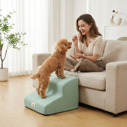 Escalier pour chien chiot antidérapant, déhoussable lavable en machine avec mousse haute résilience à mémoire de forme pour protèger les articulations sensibles, sécurisé , confortable, résistant aux griffes pour petit et chien de moyenne taille-design velours sur le dessus ultra-doux et tissu en coton solide-un chien de taille moyenne qui monte sur l'escalier du modèle de 2 marches de couleur vert pour faire des câlins avec son maitre assis et souriant dans le canapé du salon de l'appartement